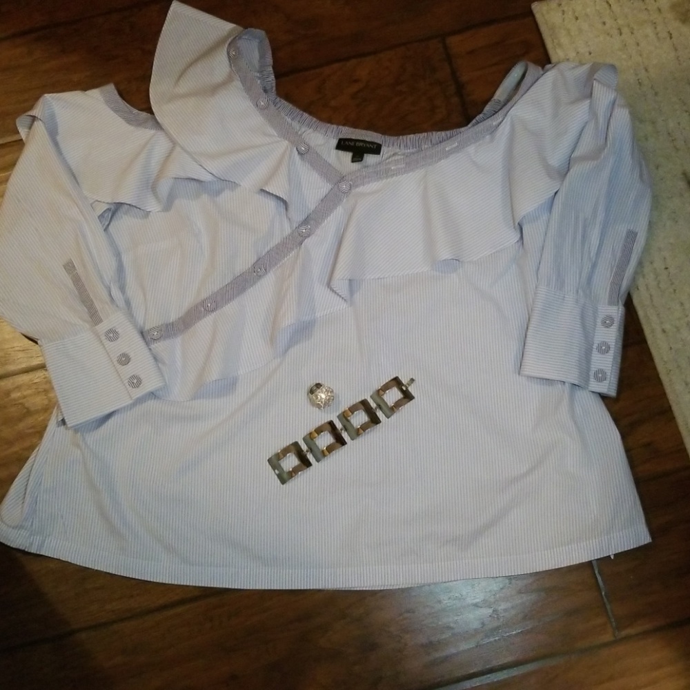 Light blue and white striped off the shoulder top